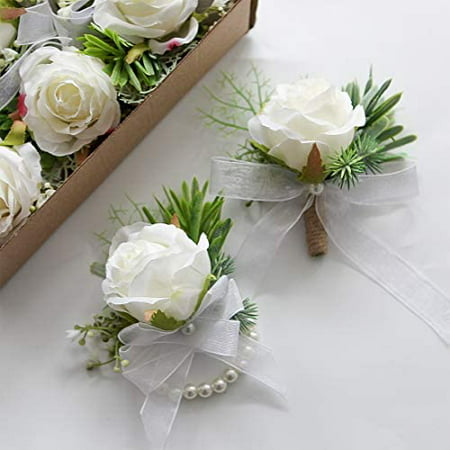 Floroom Set of 6 Ivory Rose Wrist Corsage Wristlet Band Bracelet for Women Bride Bridesmaid White Wedding Prom 